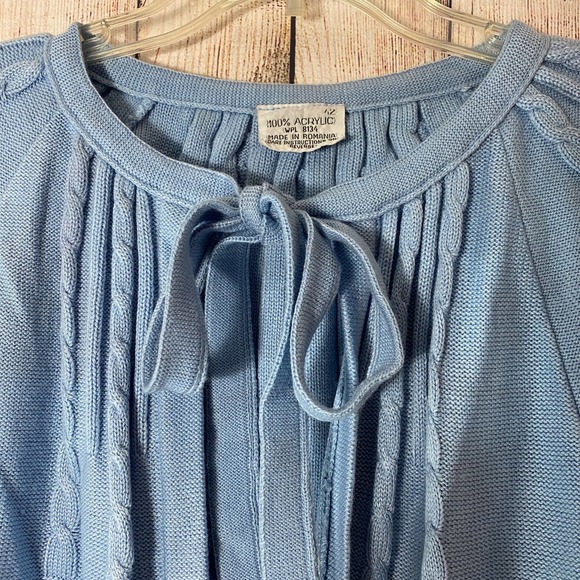 Vtg Blue Tie Neck Open Front Acrylic Cardigan Sweater Size M L 42 - Picture 5 of 7